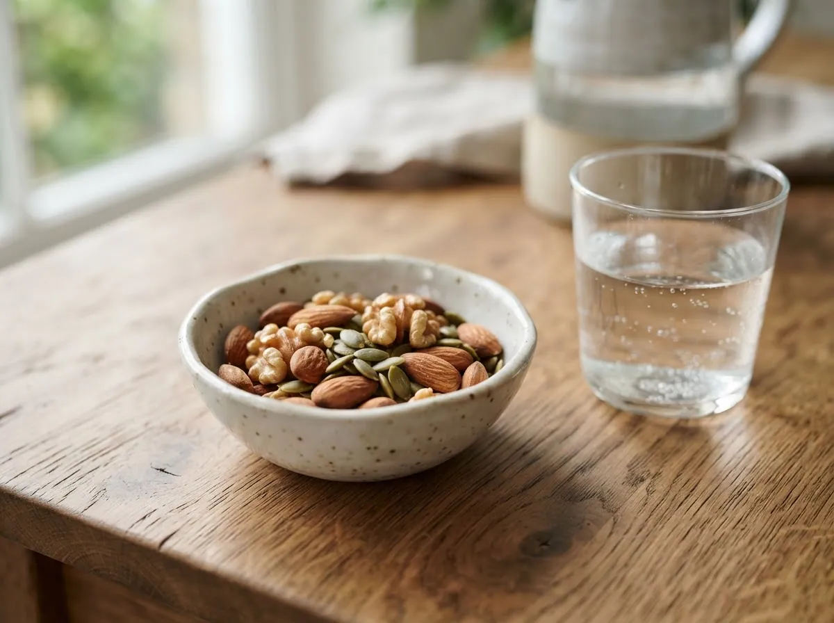 Magnesium and zinc sources: pumpkin seeds, dark leafy greens, and mineral water